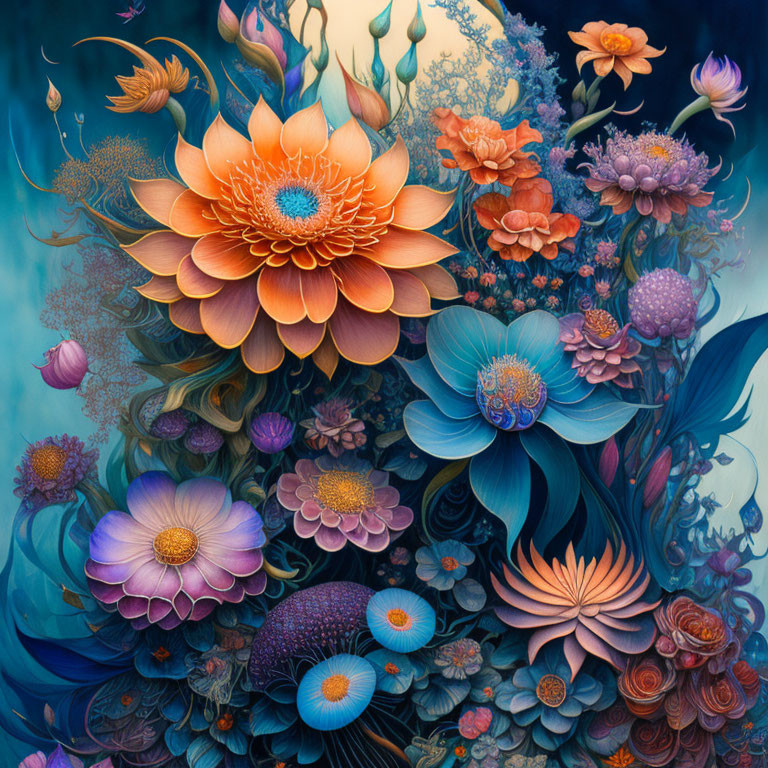 Colorful surreal flower artwork in orange, blue, and purple on teal background