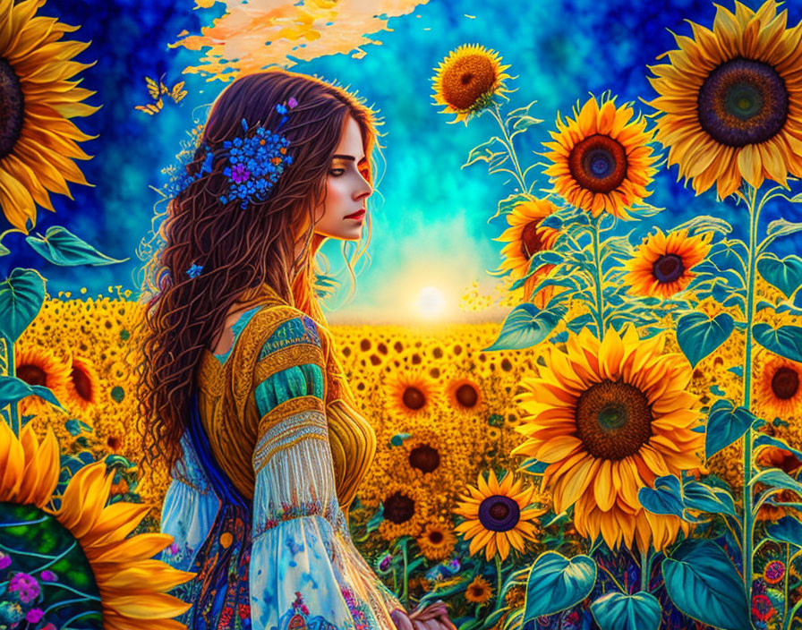 Woman in patterned dress in vibrant sunflower field at sunset