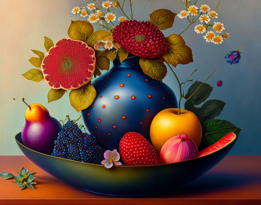 Colorful still-life painting with fruits, vase, and flowers on gradient backdrop