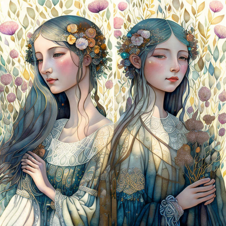 Illustrations of woman with floral headpieces in ornate foliage, one with eyes open, one with