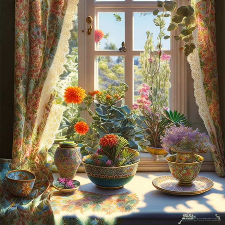 Cozy home decor with lace curtains, flowers, plants, and greenery view