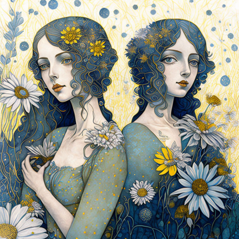 Stylized blue hair women among daisies with golden floral backdrop