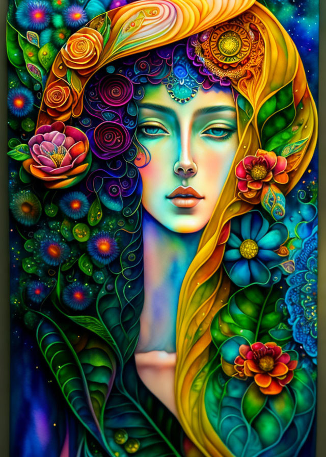 Colorful Psychedelic Portrait of Woman with Floral Hair