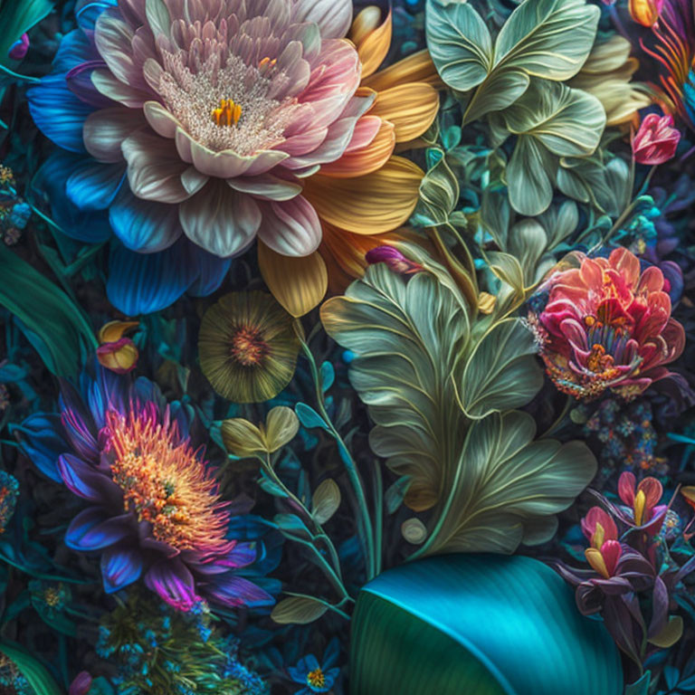 Detailed illustration of lush, vibrant fictional flowers and leaves in deep blues, purples, and p