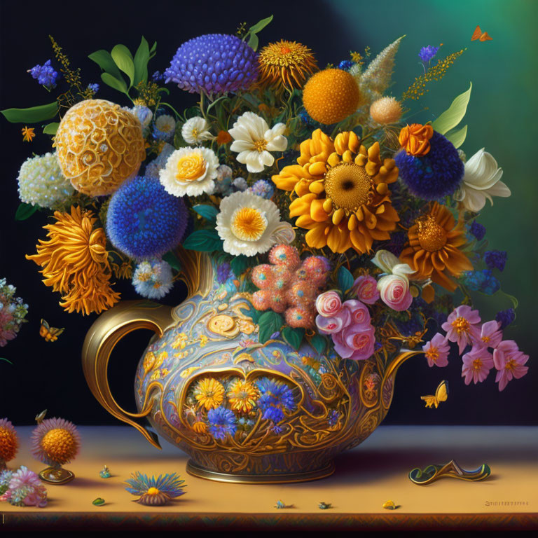 Colorful Flower Still-Life Painting in Ornate Golden Vase