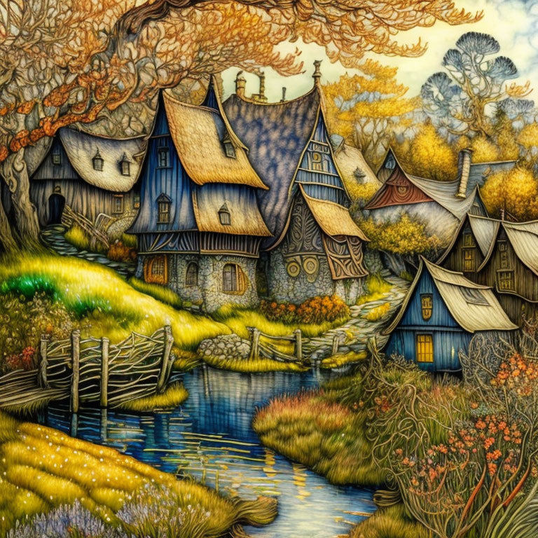 Tranquil village landscape with stream, greenery, and autumn colors