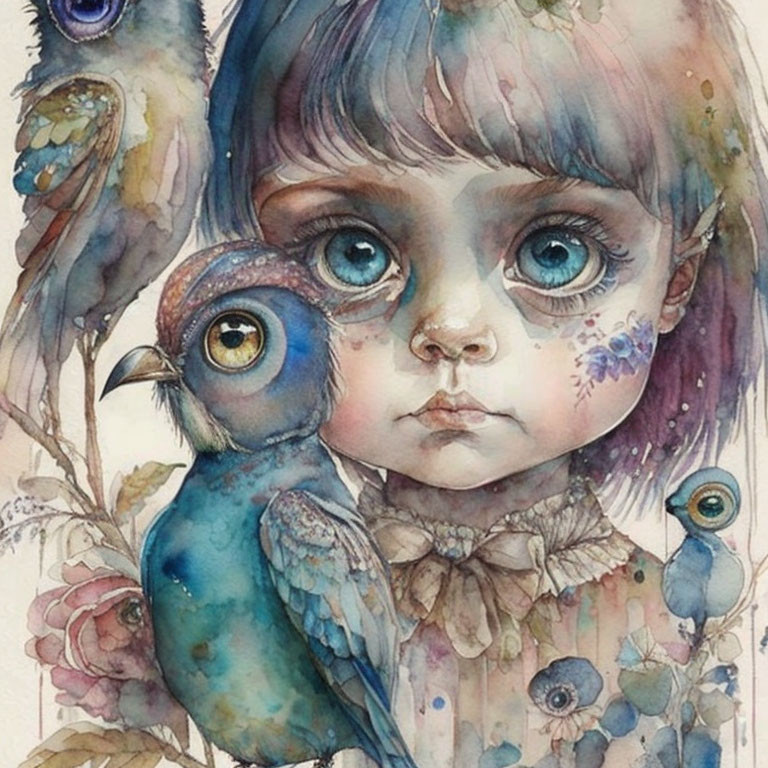 Colorful watercolor illustration of a young girl with expressive eyes and stylized birds.