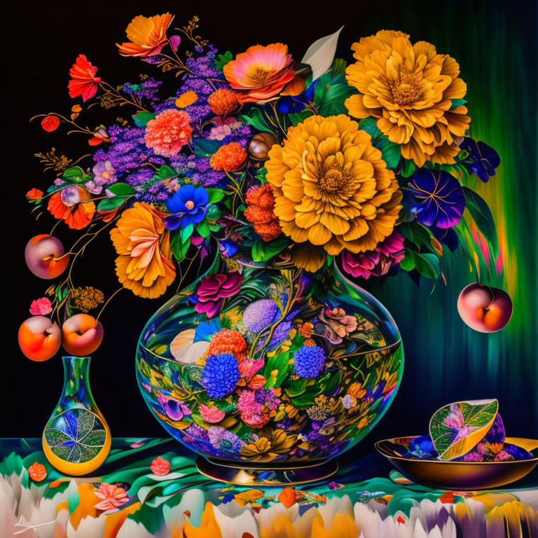 Colorful flowers and fruits in glass bowl still-life image