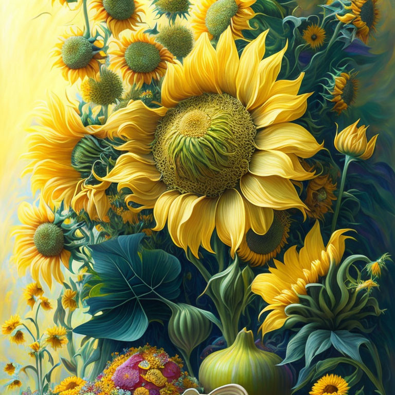 Sunflower painting with vibrant yellow hues and intricate details