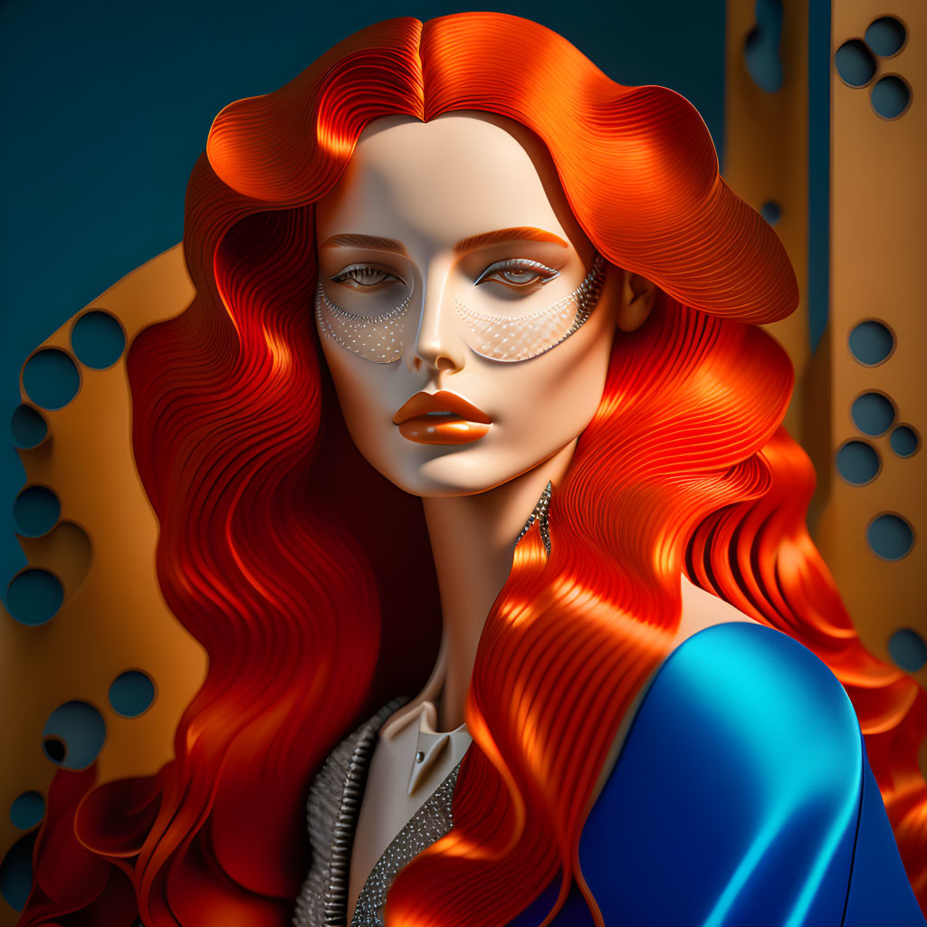 Vibrant red hair woman in blue garment 3D illustration