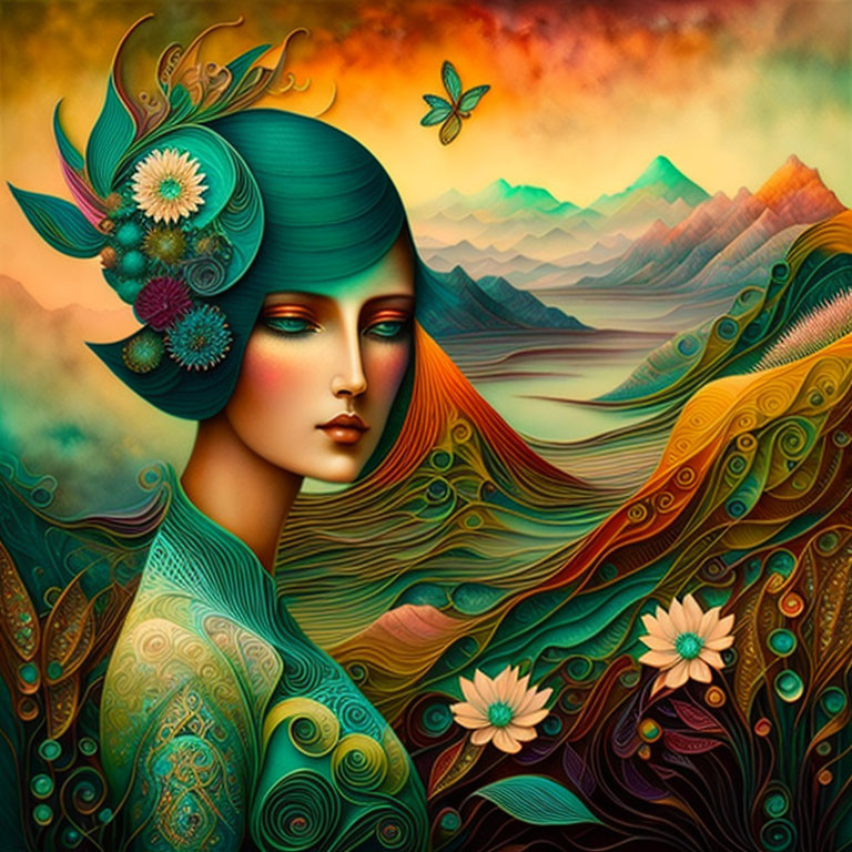 Stylized portrait of a woman with flowing hair and nature-inspired adornments in mountainous sunset scene