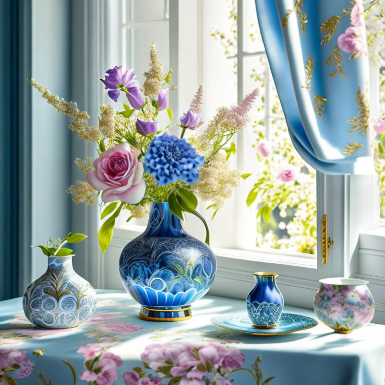 Colorful bouquet in blue vase with matching ceramics on table near window.