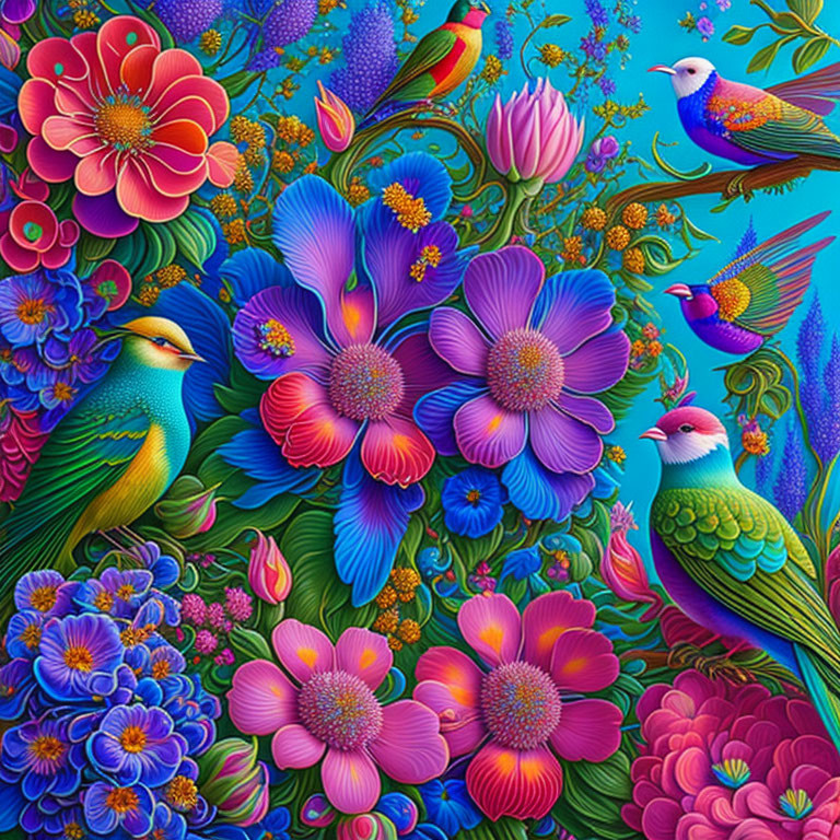 Colorful flowers and birds in vibrant nature scene