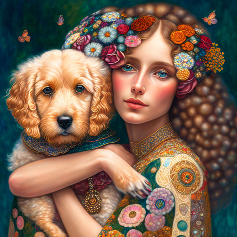 Colorful Illustration: Woman with Floral Hair Embracing Golden Dog