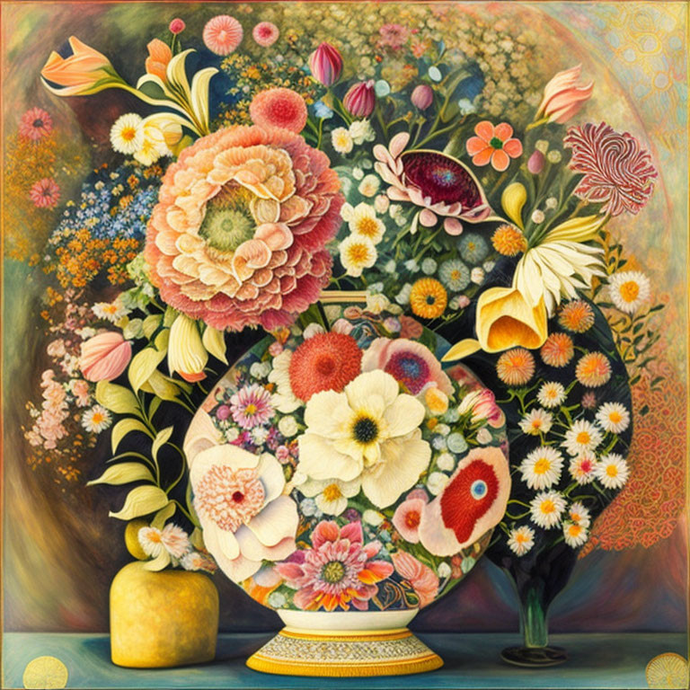 Colorful floral painting with ornate vase on patterned background