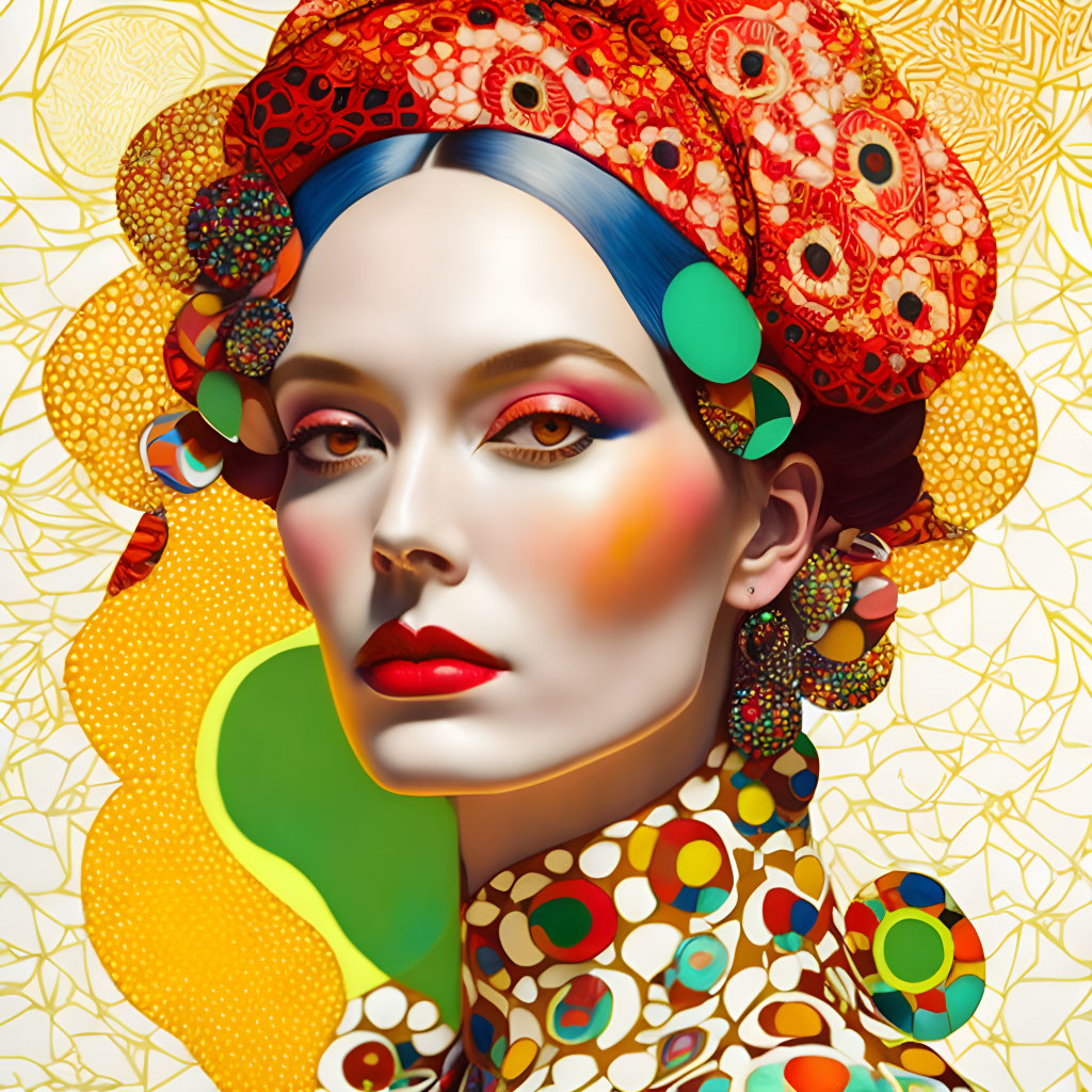 Colorful Stylized Portrait of Woman with Vivid Makeup & Headdress