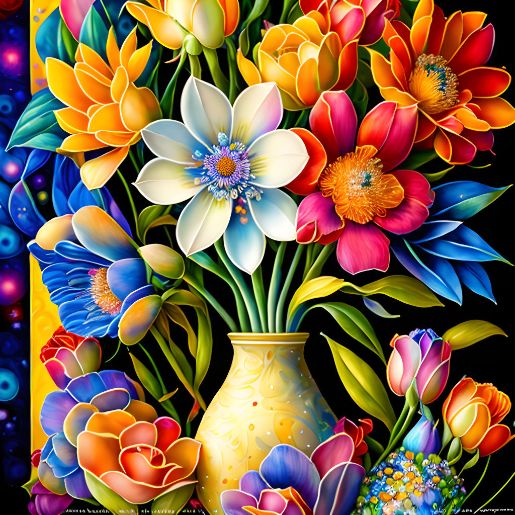 Colorful Flower Bouquet in Yellow Vase on Dark Background with Bubbles