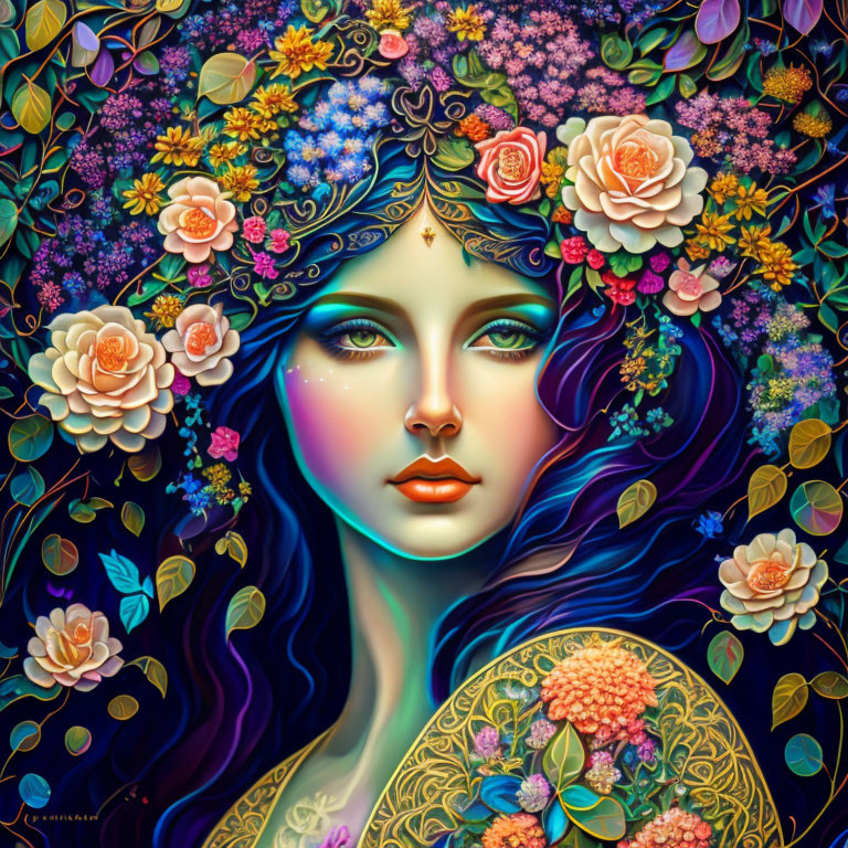 Colorful Portrait of Woman with Floral Crown and Vibrant Hair