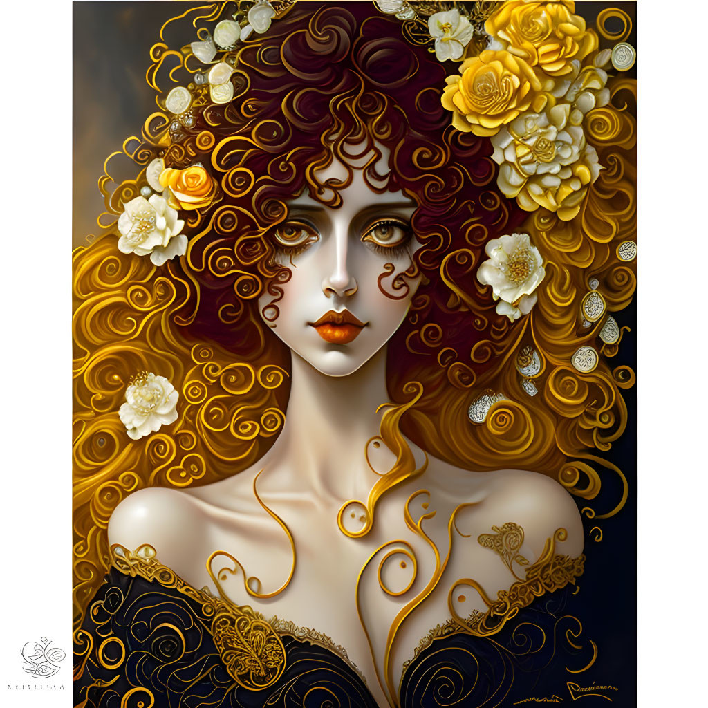 Illustrated portrait of a woman with voluminous curly auburn hair, golden flower adornments,