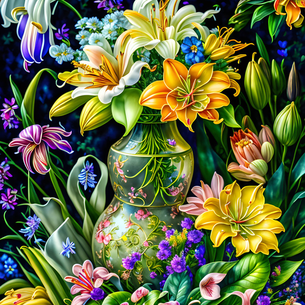 Colorful Flowers in Full Bloom Overflowing from Ornate Vase