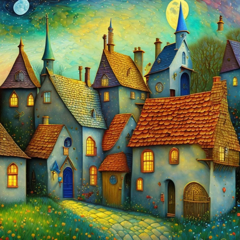 Colorful painting: Fantastical village with curved roofs, glowing windows, night sky, stars,