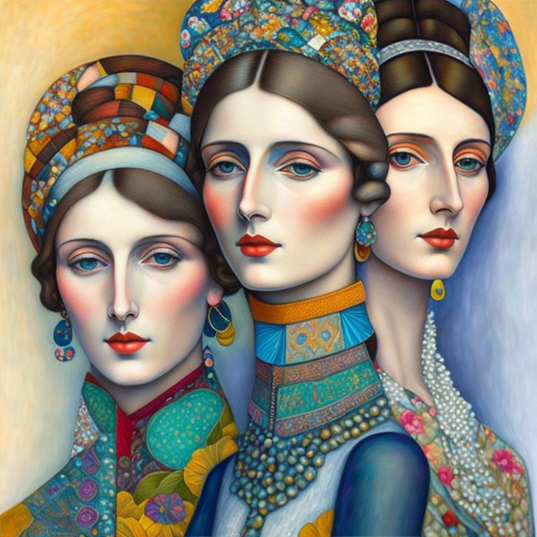 Stylized female portraits with ornate headwear and vibrant clothing