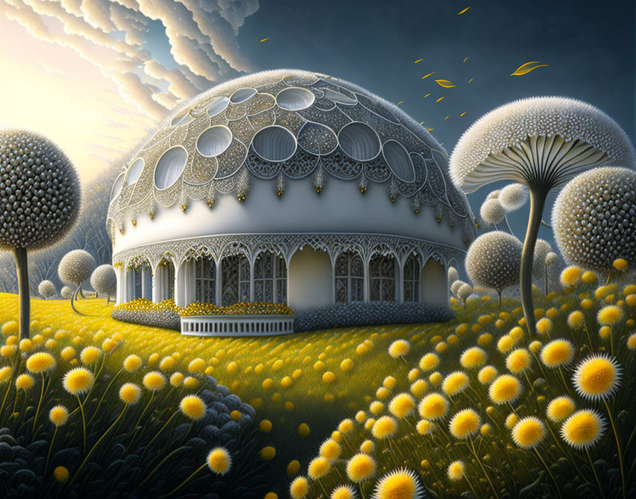 Whimsical dome-shaped building with intricate patterns and oversized dandelion-like plants in surreal sky