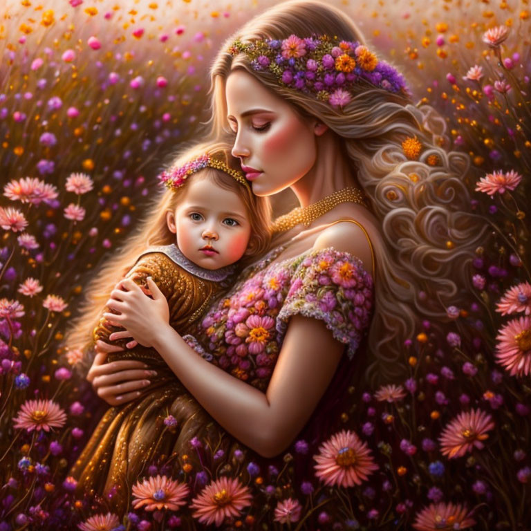 Woman and child in golden attire hugging among vibrant flowers