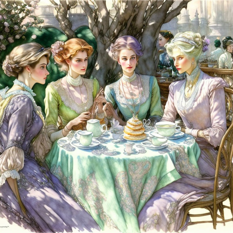 Four elegantly dressed women at outdoor café table with tea and pastries under blossoming trees.