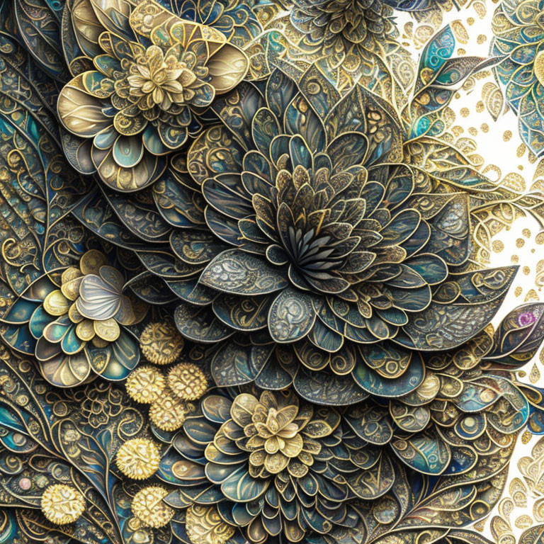 Intricate gold, blue, and bronze floral tapestry design