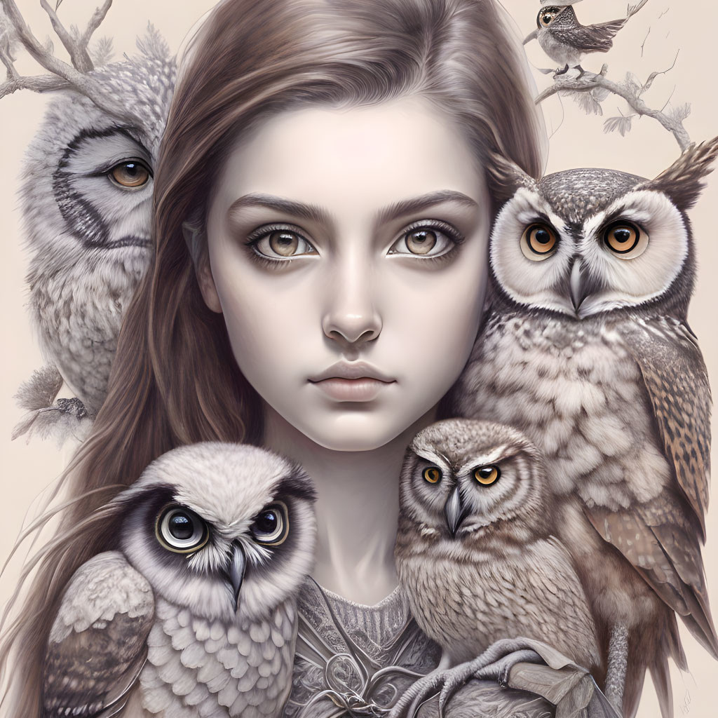 Detailed illustration of young woman's face with four realistic owls in a harmonious blend.