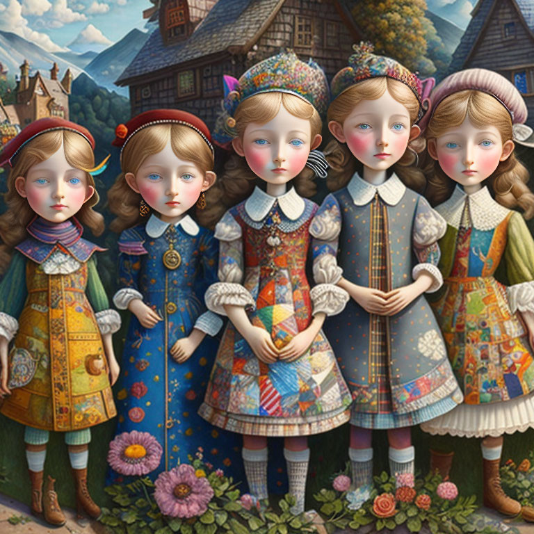 Five animated girls in colorful traditional outfits against village backdrop