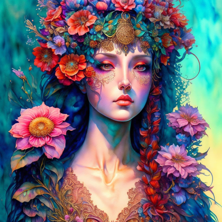 Vibrant Flower and Jewelry Portrait with Red and Blue Fantasy Aesthetic