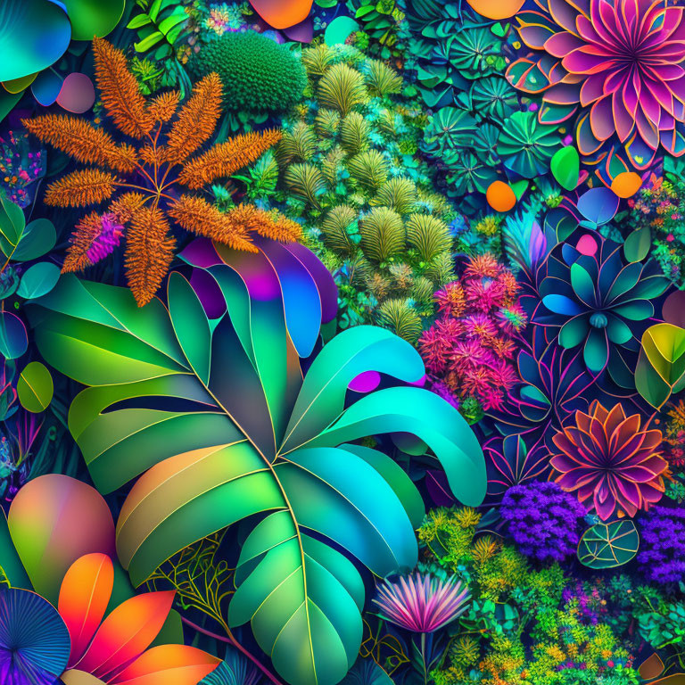 Colorful digital art: Stylized plants & flowers with intricate patterns