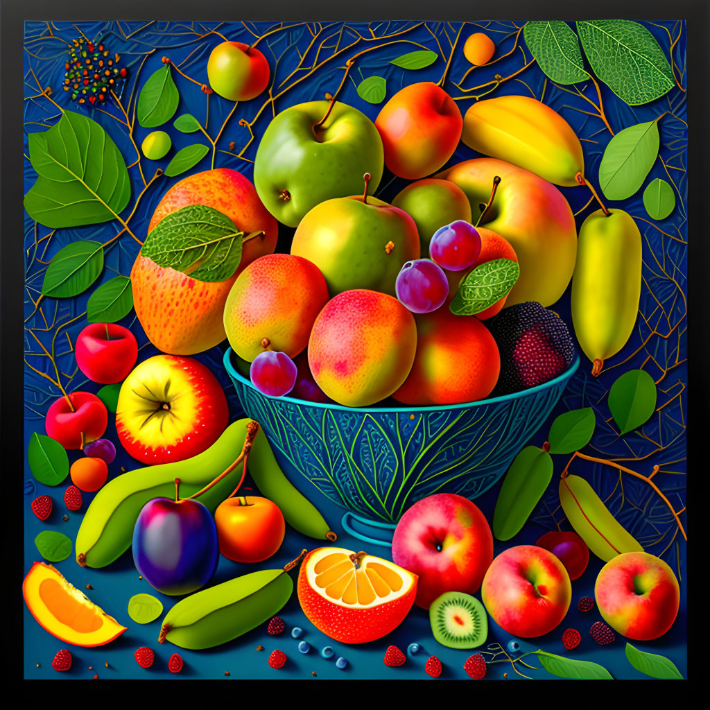 Colorful Fruit Still Life with Blue Bowl