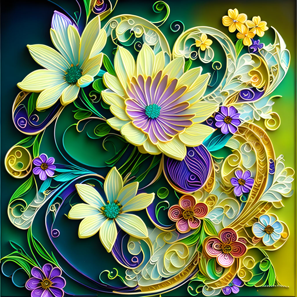 Colorful digital artwork with stylized floral patterns on dark background