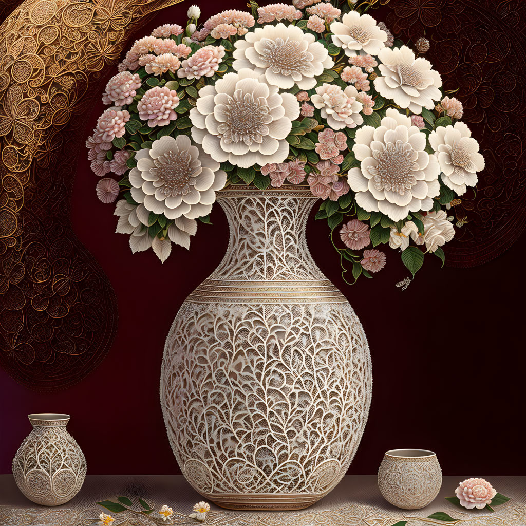 Detailed Floral Pattern Vase with Pink and White Flowers on Brown Background