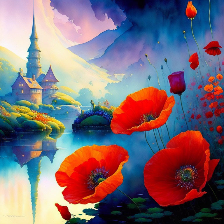 Colorful painting of red poppies, lake, greenery, castle, and mountains