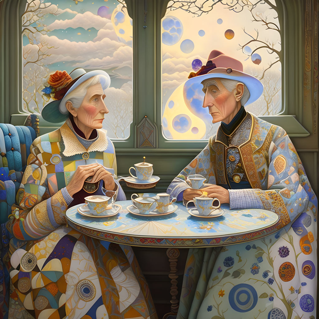 Elderly individuals in elegant attire enjoying tea in vibrant, detailed room