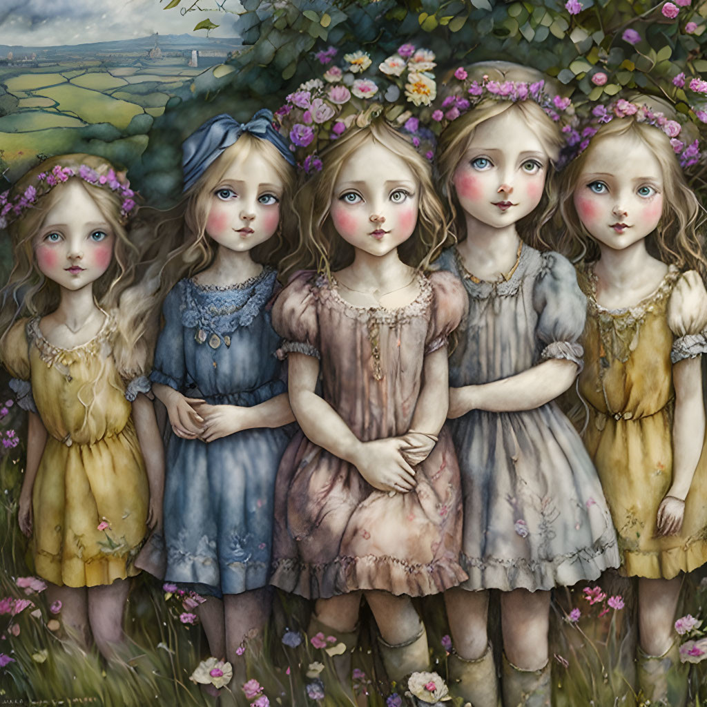 Five girls with large eyes and floral crowns in countryside setting