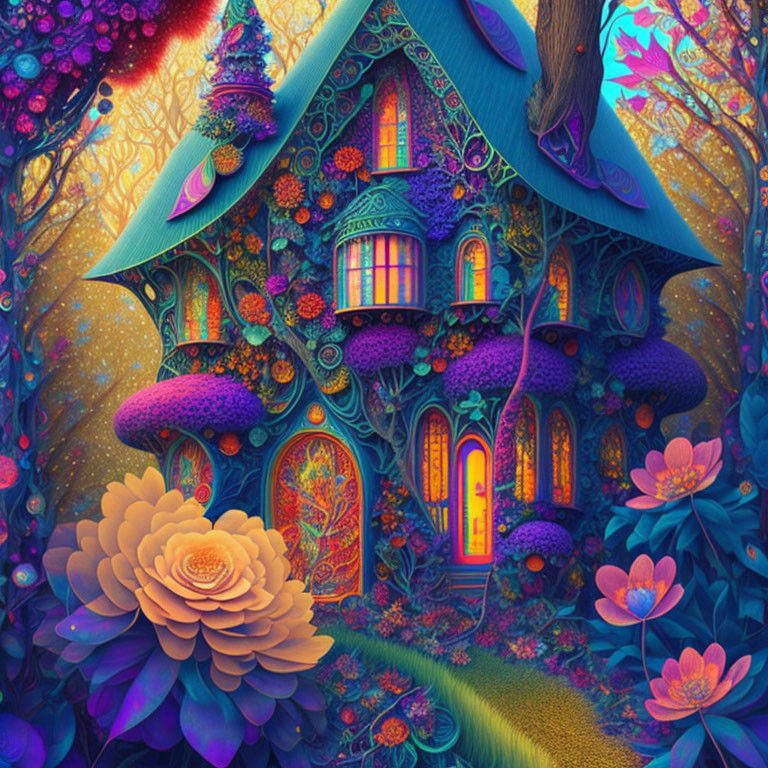 Fantasy house surrounded by oversized flora and magical lights
