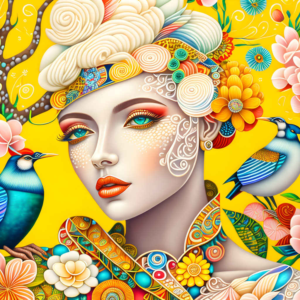 Colorful illustration of stylized woman with floral patterns and birds