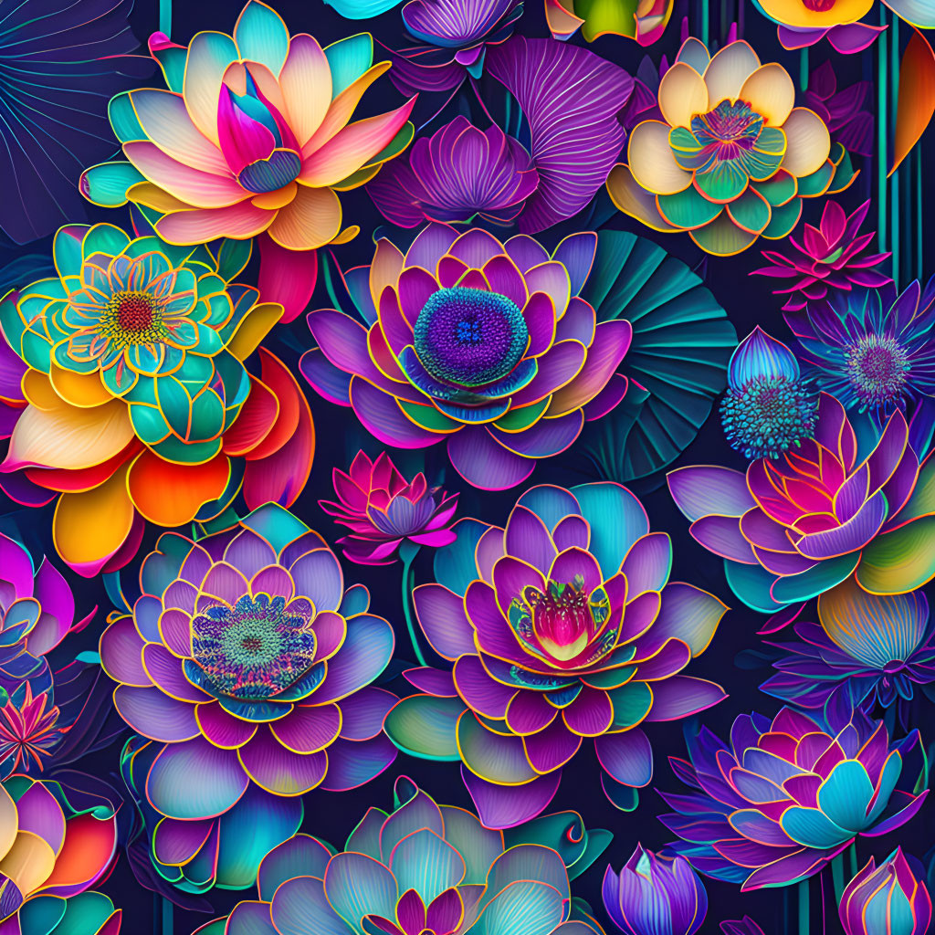 Colorful Stylized Neon Flowers on Dark Background