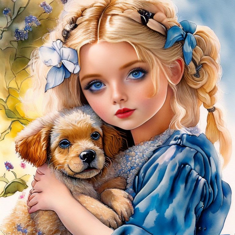 Young girl with blonde hair and blue eyes holding a brown puppy in digital illustration