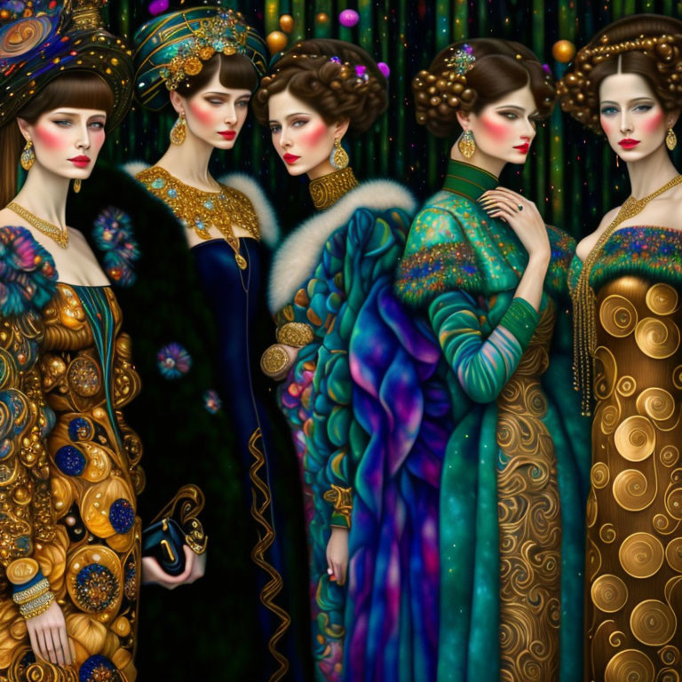 Luxurious traditional attire: Four women in intricate gold designs and ornate jewelry against starry backdrop