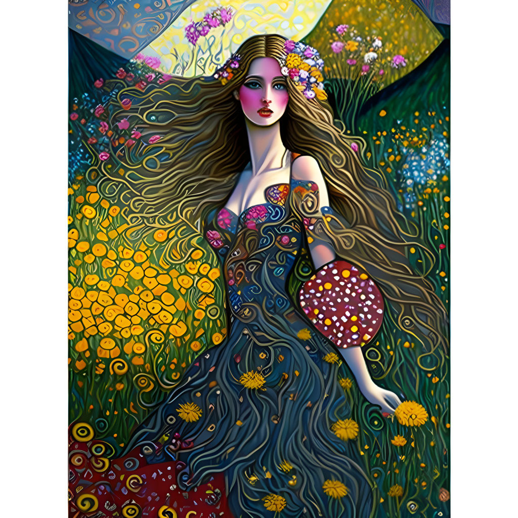 Illustration of woman with long hair in floral landscape holding umbrella