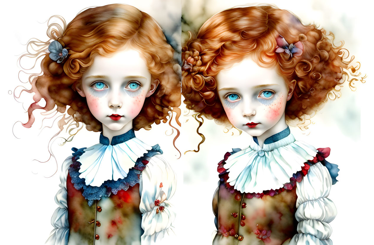 Illustrated Twin Girls: Curly Red Hair, Porcelain Skin, Blue Eyes, Vintage Ruffled