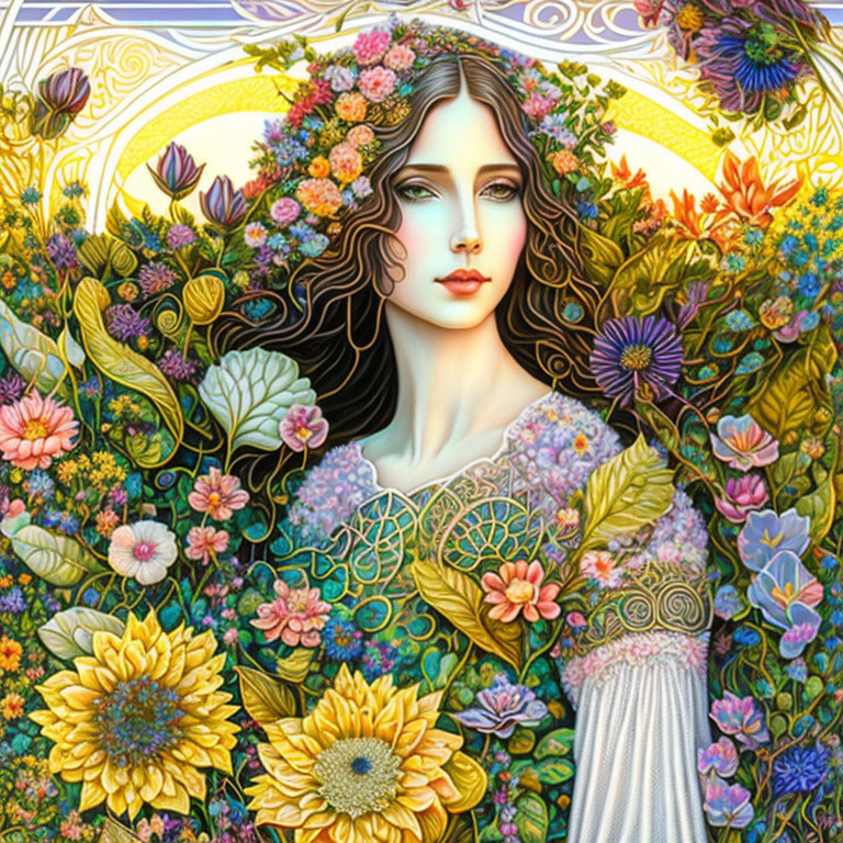 Woman with flowing hair and vibrant flowers in detailed art nouveau illustration