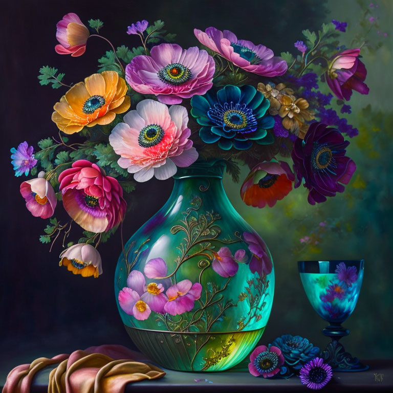 Colorful still life painting: Turquoise vase, vibrant flowers, glass on table