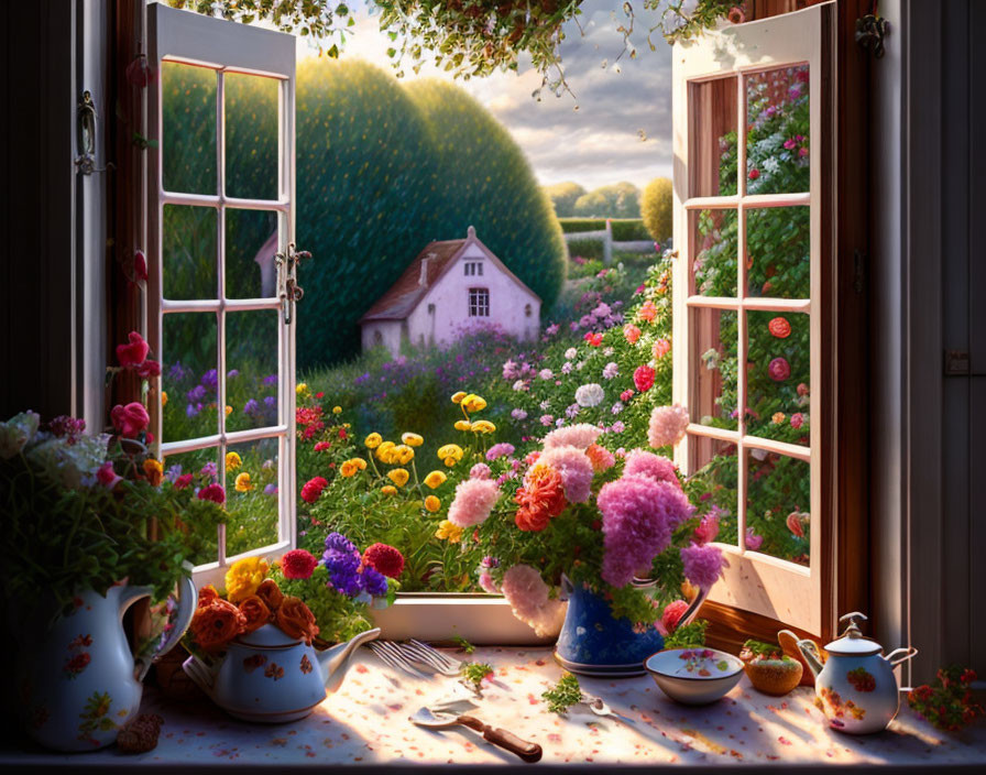 Tranquil garden scene with cottage, blooming flowers, and gardening tools